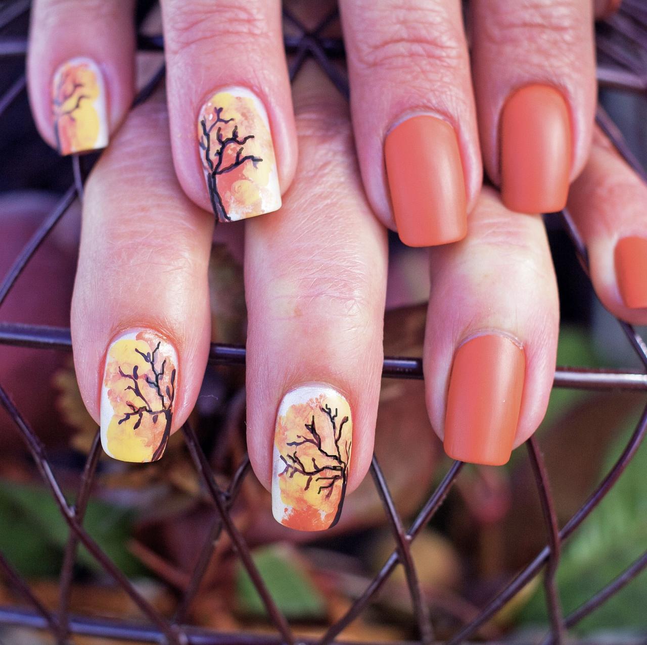 fall trees nail art design