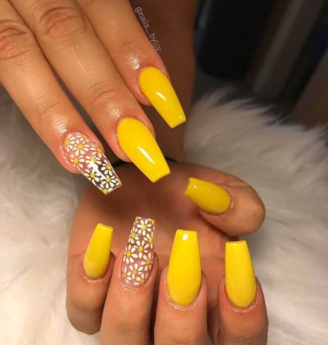 Bright Yellow Acrylic Nails with Fun Daisy Print