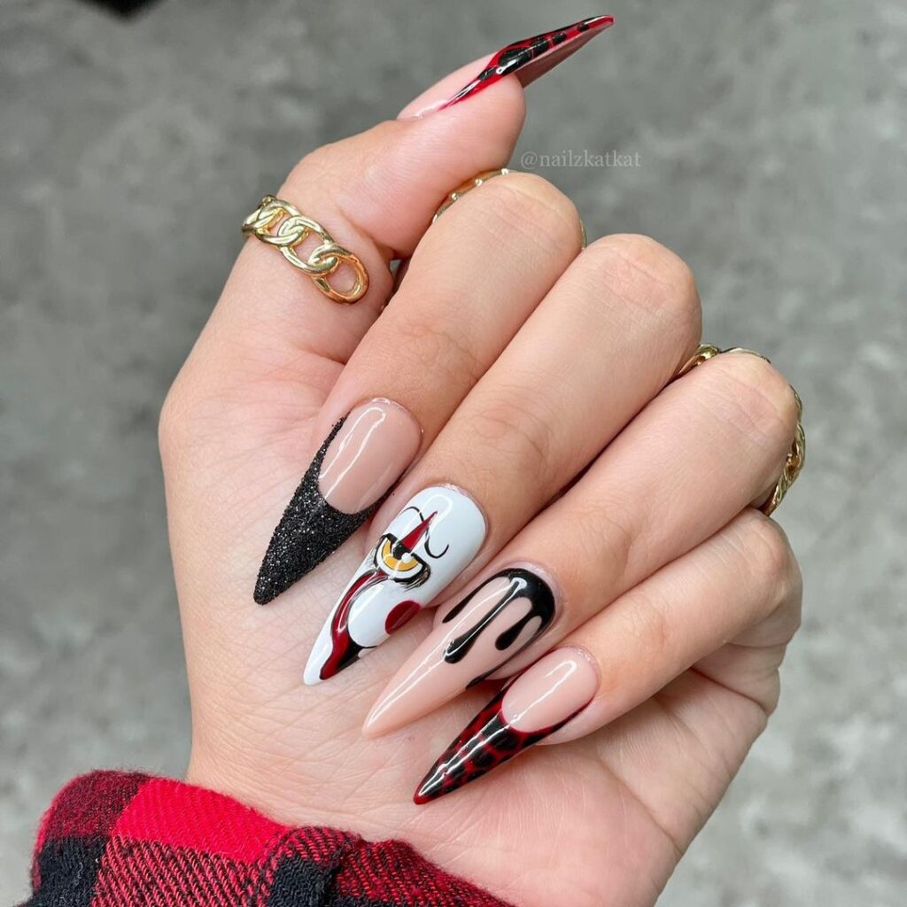 02-Pennywise Black and Red Stiletto Nails