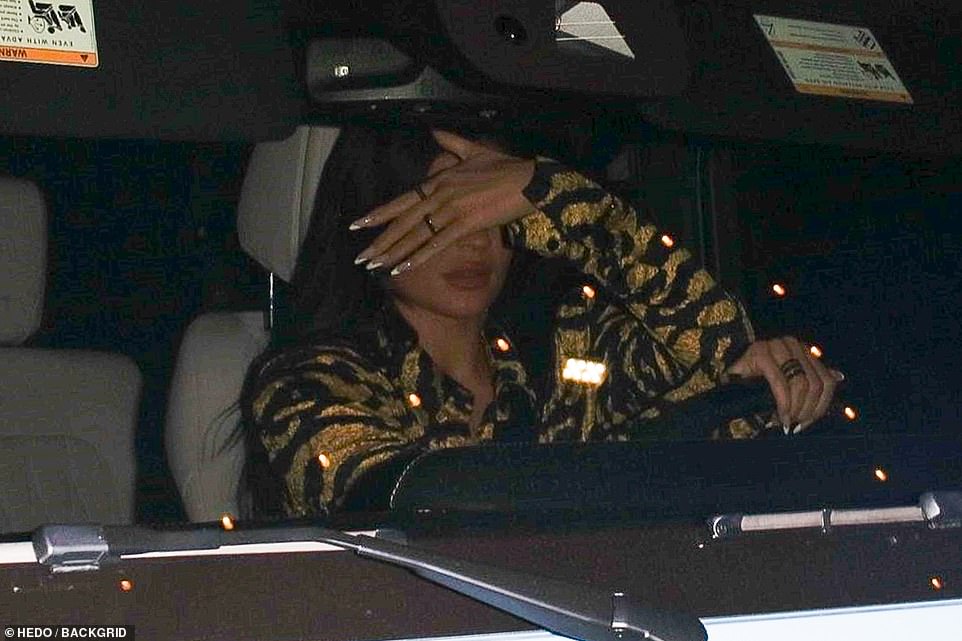 Keeping a low-profile: Stᴀssie's best friend Kylie Jenner seemed to be feeling rather camera shy as she rocked up to the party in a gold tiger print ensemble