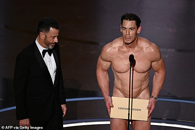 John Cena, 46, appeared on the stage at the Dolby Theatre in Hollywood at Sunday's 96th Academy Awards in a bit with host Jimmy Kimmel, 56