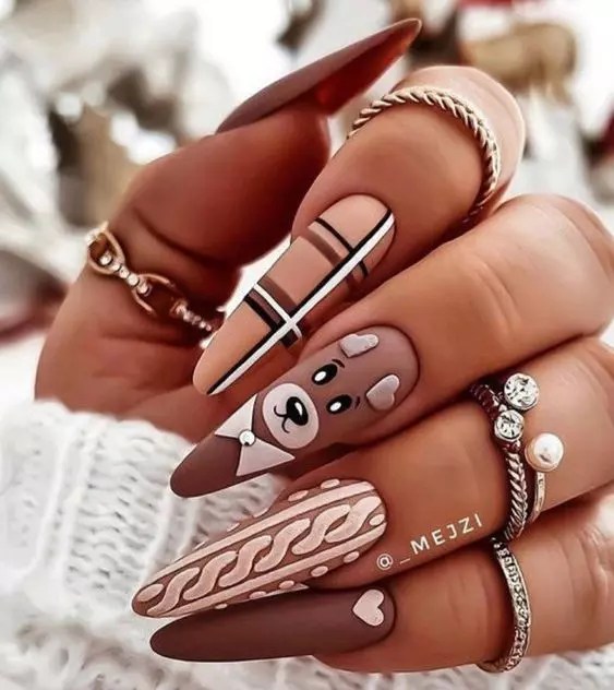 Cute nail designs made with brown polish and some accessories to add.