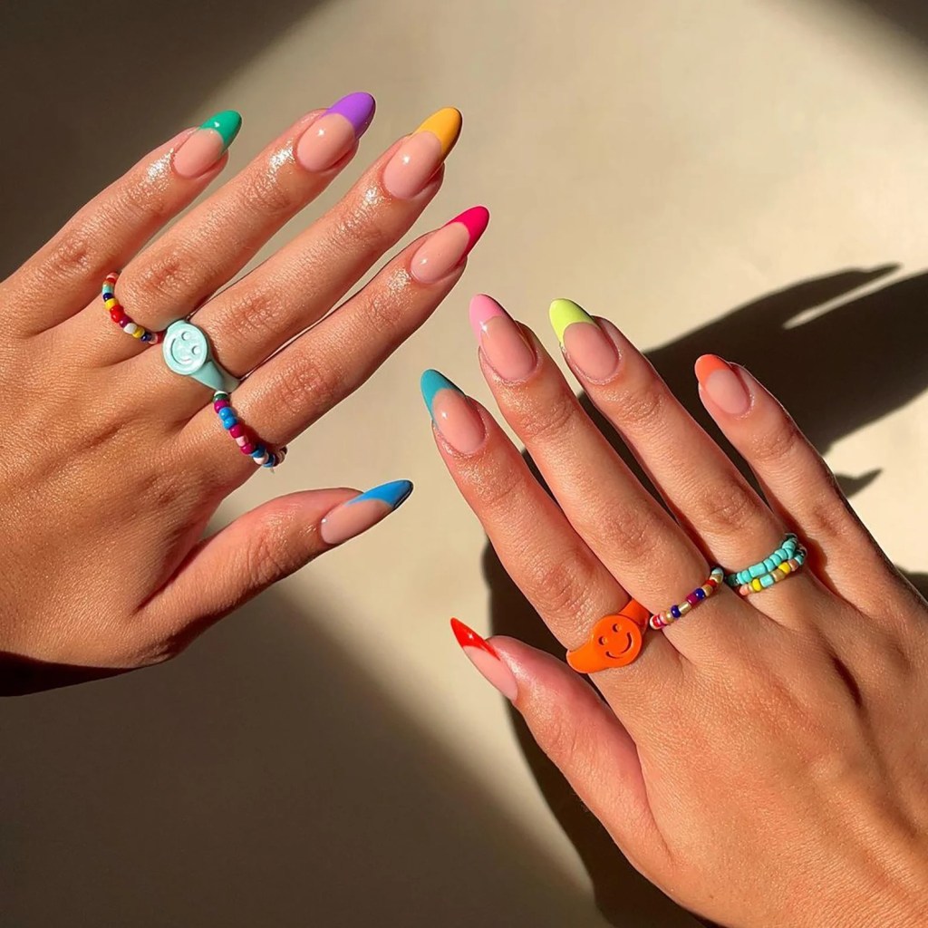 bright rainbow french tip press on summer nails