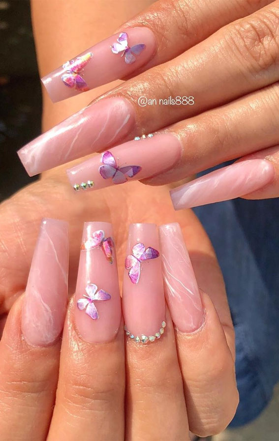 bridal nails, ʙuттerfly nails design, wedding nails, pink nails, pink wedding nails, ʙuттerfly nail art ideas