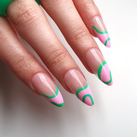 pink swirl nail, green swirl nail