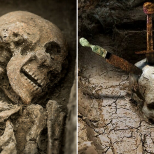 Archaeologists had to pause after unearthing a skull bearing unexplained ancient weapon damage