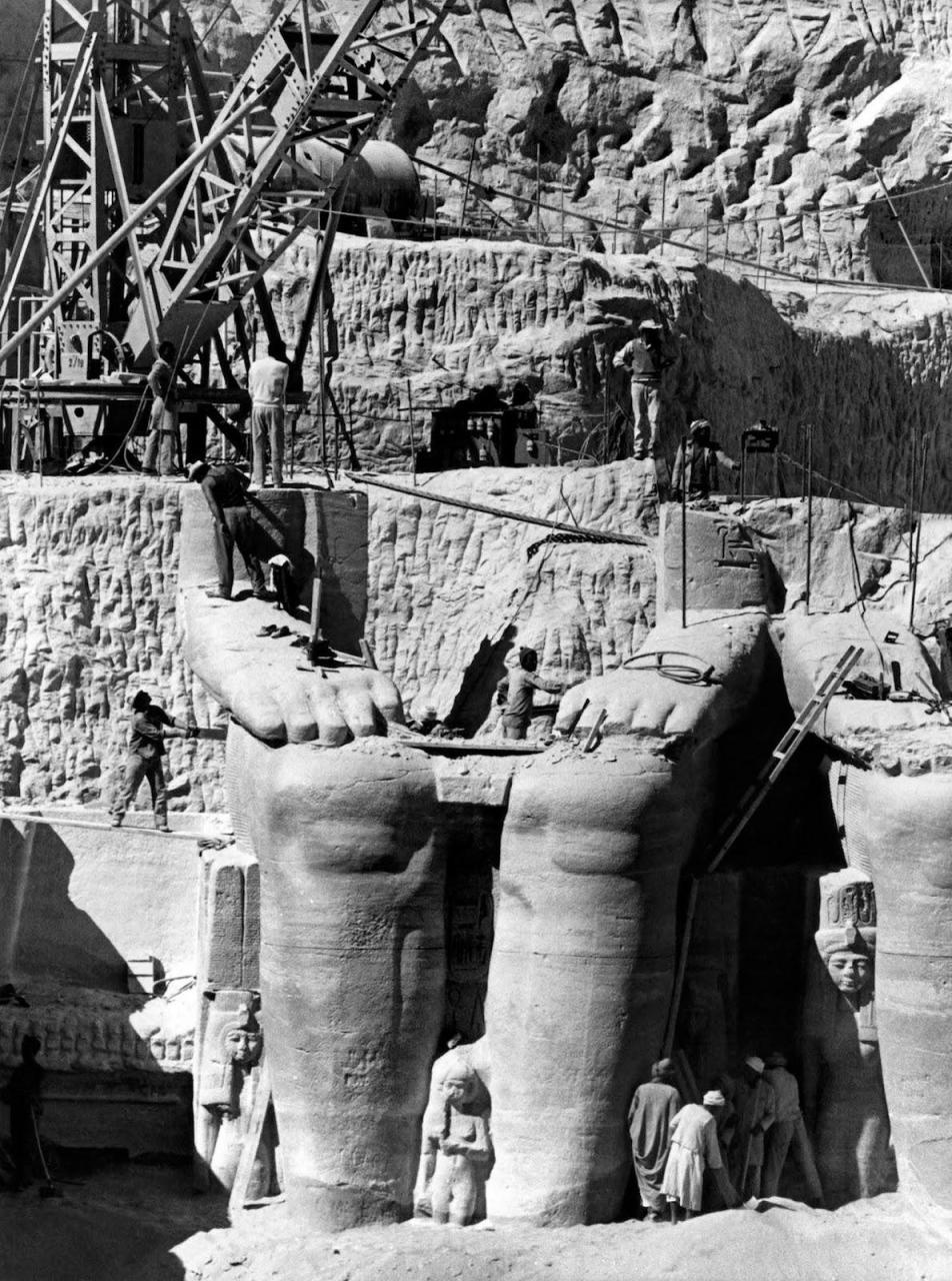 The relocation of Abu Simbel, 1964-1968. These temples were due to be  flooded thanks to the construction of the Aswan Dam; in order to preserve  them, an international team cut them up