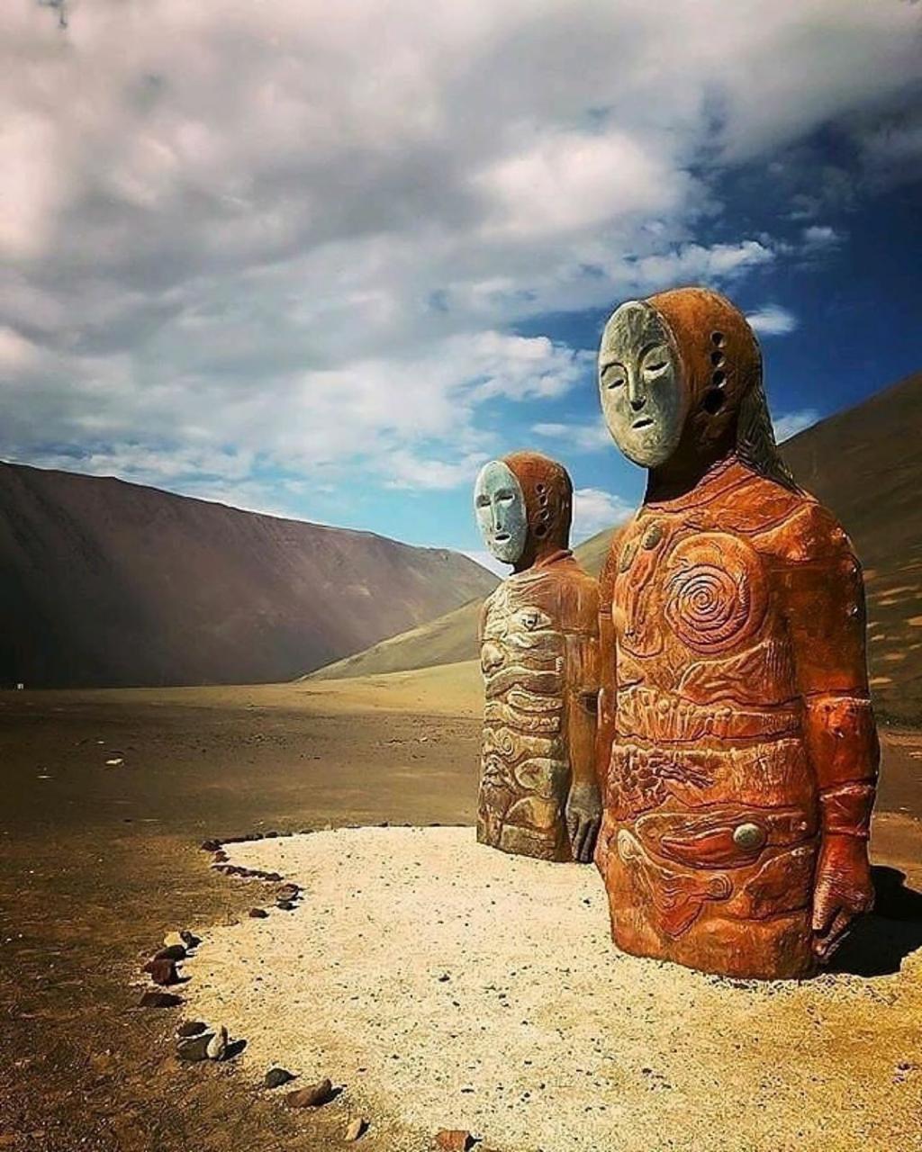 These are representations of the Chinchorro mummies of the Andes, which are  actually 7,000 years old. The Chinchorro people inhabited the coast of  Atacama desert in northern Chile and southern Peru. It