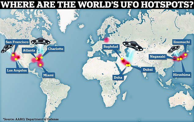 Interesting: Earlier this year the Department of Defense released a document disclosing the 'world's UFO H๏τspots'. It includes a map showing where the most sightings of unidentified objects have been recorded, based on reports between 1996 and 2023