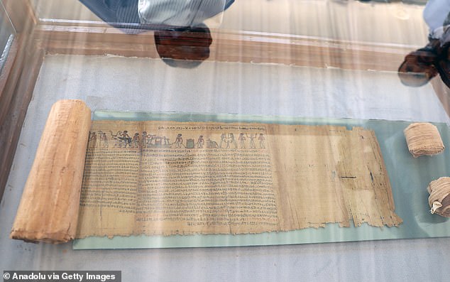 Text: A papyrus featuring the Book of the ᴅᴇᴀᴅ (pictured) was also discovered. It is around 50ft (15 metres) long