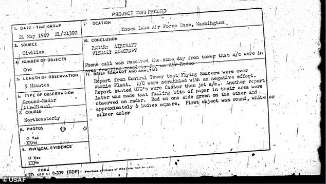 In one illustrative case from May 21, 1949, Hanford personnel spotted a 'silvery, disc-shaped' UFO hovering over the plant, whose B Reactor had generated the plutonium used in the first atomic bomb test at Trinity. 'UFO's were faster than jet,' Air Force investigators noted (above)