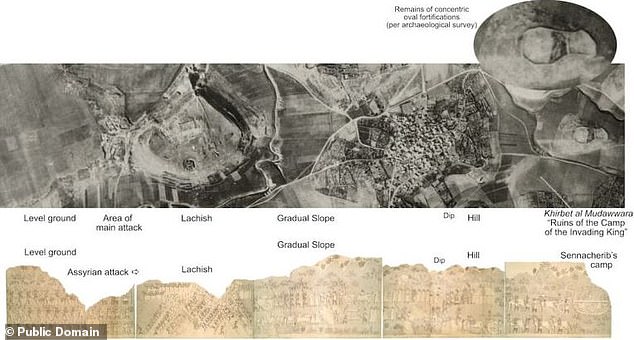 King Sennacherib who ruled the ᴀssyrian Empire from 705 to 681 BC laid siege on Jerusalem to capture all paths leading to the Mediterranean Sea. Pictured: (Top) A 1930s aerial image of Jerusalem (Bottom) The drawings found on Sennacherib's palace wall