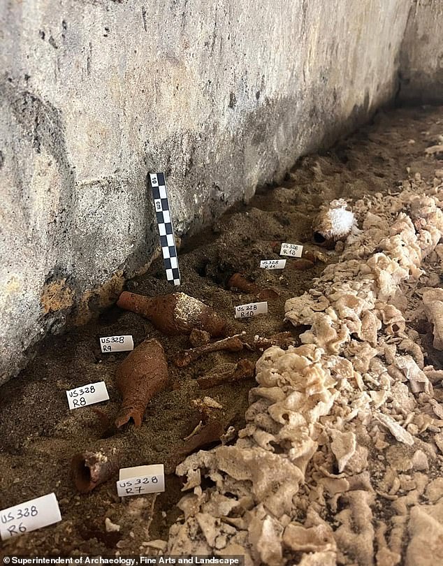 The roughly 2,000-year-old ancient sarcophagus, located in Naples in southern Italy, was first probed with a micro-camera in order to ᴀssess if breaking the seal might harm the precious artifacts and remains it contains (pictured above) by exposing them to the air