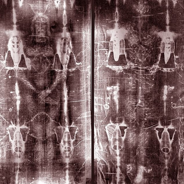 The Shroud of Turin features hundreds of reddish spots, varying in shapes and sizes, across the imprinted body image