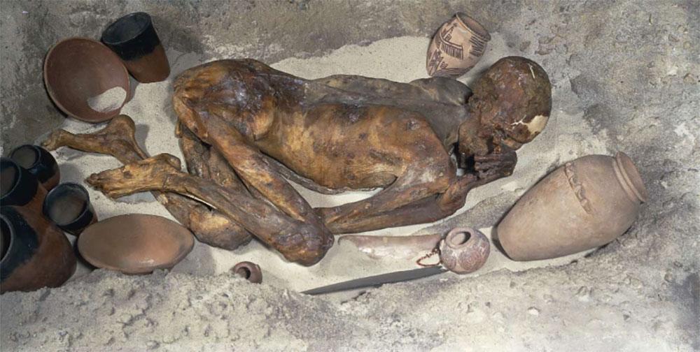 Body of a naturally mummified adult male lying in flexed position, surrounded by pots, plates and flasks