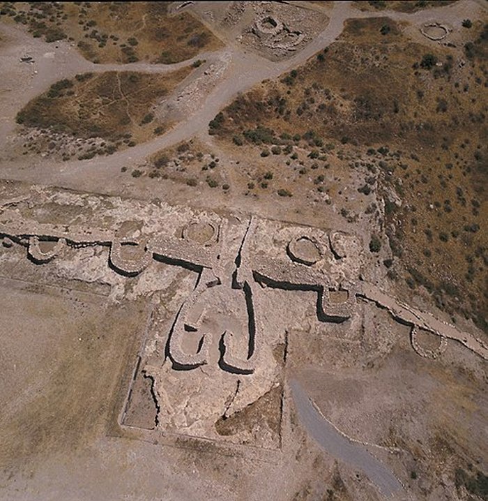 The Los Millares site. Aerial view of the main gate or barbican.