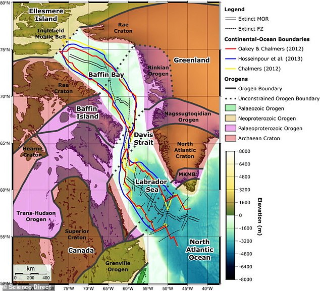 The research team used maps that were created from gravity and seismic reflection data that display images of the Earth's subsurface using sound waves determine the fault lines' age and location. Pictured: An overview of the tectonic plates located in the Davis Strait