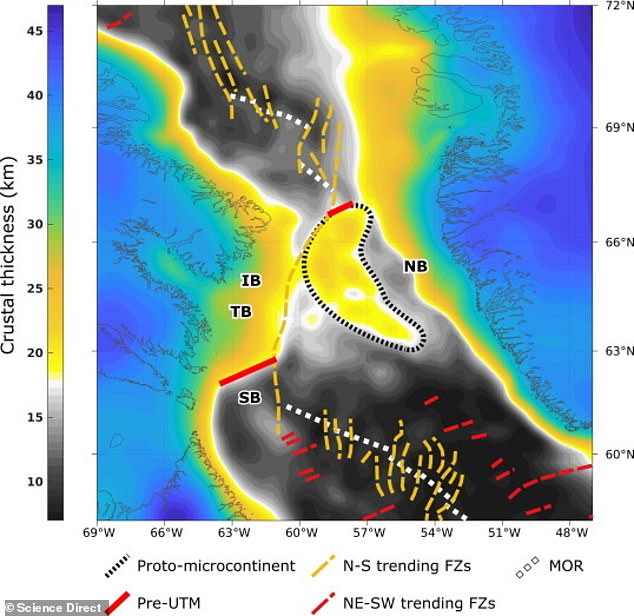 Researchers at the University of Derby were reconstructing the area's plate tectonic movements when they found a thick crust that extended for nearly 250 miles under the Davis Strait. Pictured:  The Davis Strait Proto-microcontinent sits beneath the water in the Davis Strait