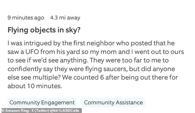 Above, one of three user-generated posts to the Amazon Ring neighbors app about the UFOs