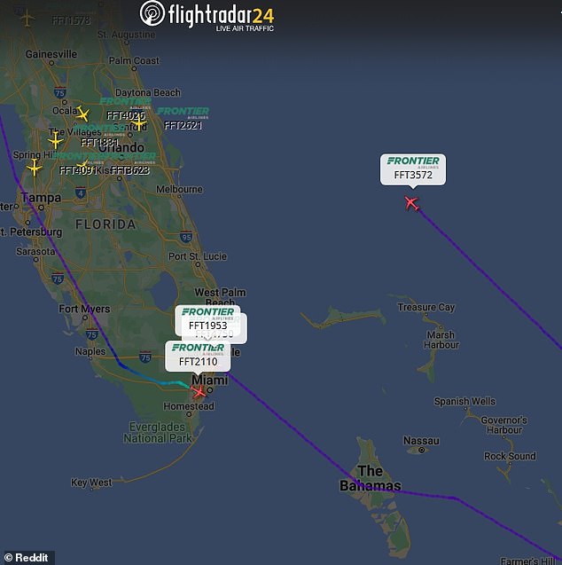 Flight tracking data (pictured) revealed that flight FFT3572 took off from San Juan, Puerto Rico and was over the ocean at the same alтιтude the pilot reported