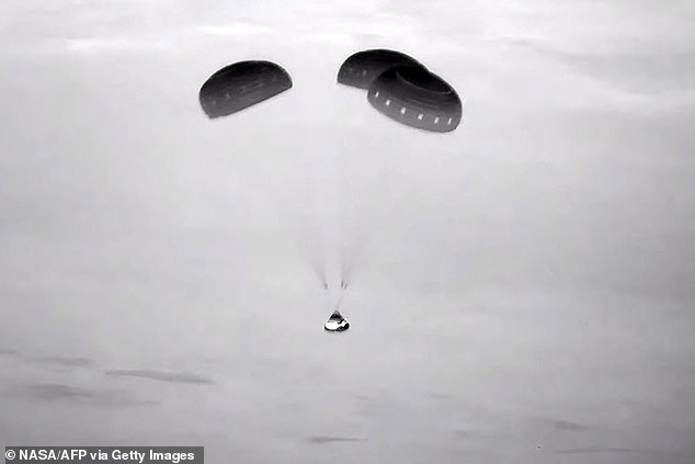 The gumdrop-shaped capsule touched down softly at the White Sands Space Harbor in New Mexico, its descent slowed by parachutes and cushioned by airbags