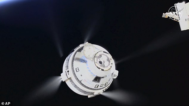 Starliner capsule fires its thrusters as it pulls away from the International Space Station on Friday, September 6