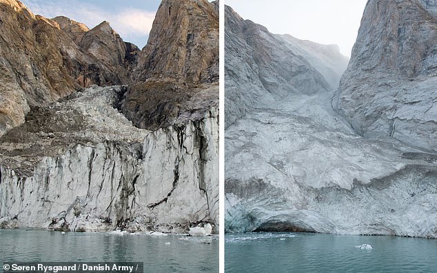 Before and after the mᴀssive landslide that dumped 33 million cubic yards of ice and rock into a Greenland fjord, triggering a 650-foot-tall 'mega-tsunami' that shook Earth for nine days