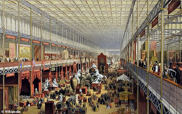 A stunning sight: The Crystal Palace hosted the Great Exhibition of 1851 - an event showcasing sculptures, machinery, diamonds, telescopes and much more from around the world. Pictured, the interior of the Crystal Palace during the event