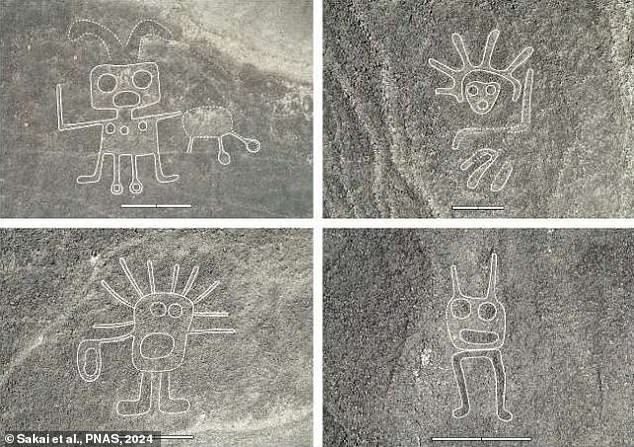 More than 300 mysterious Nazca glyphs are discovered in Peru including a Wall-E-style person (top left) and alien-like figures