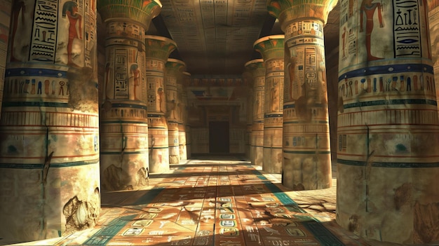 Echoes of Ancient Egypt grandeur of an ancient Egyptian temple corridor basking in the warm glow of sunlight adorned with hieroglyphs and majestic columns invoking the mysteries of a bygone era