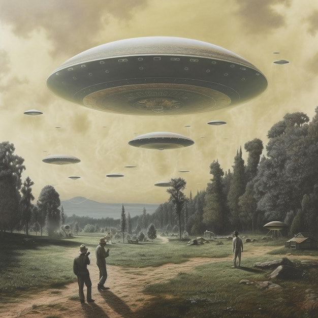 A painting of people looking at ufos above a field generative ai | Premium AI-generated image