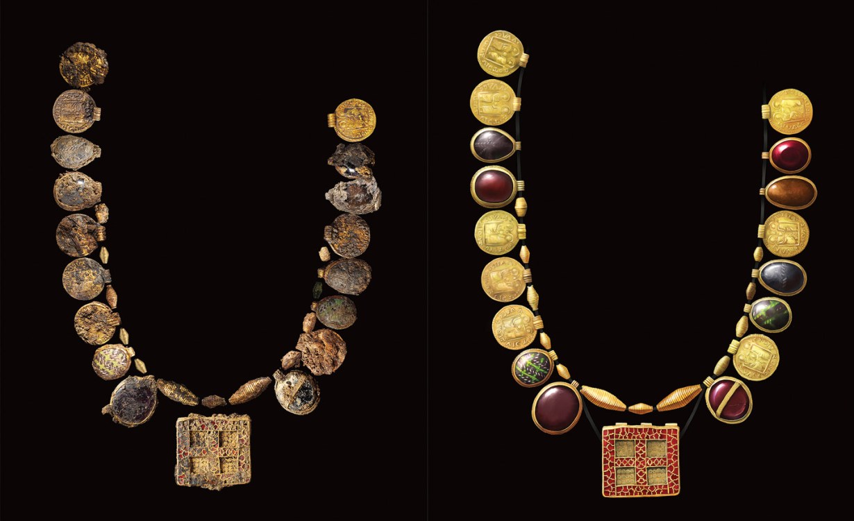 below Reconstructing the necklace based on the objects’ position in the ground. Its asymmetrical design is unusual by modern standards but may have been deliberate, or components could have been lost, or even retained by mourners as mementoes of its owner. The artist’s impression shows how it may have looked when clean and new.