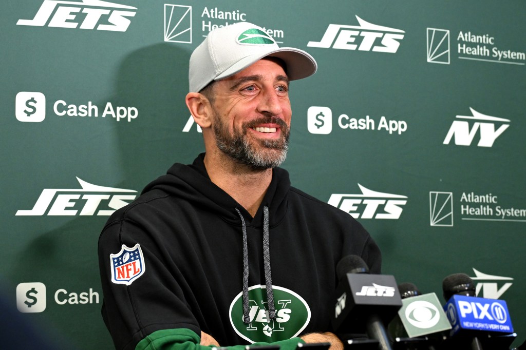 Jets quarterback Aaron Rodgers speaks to the media after practice in Florham Park, NJ.