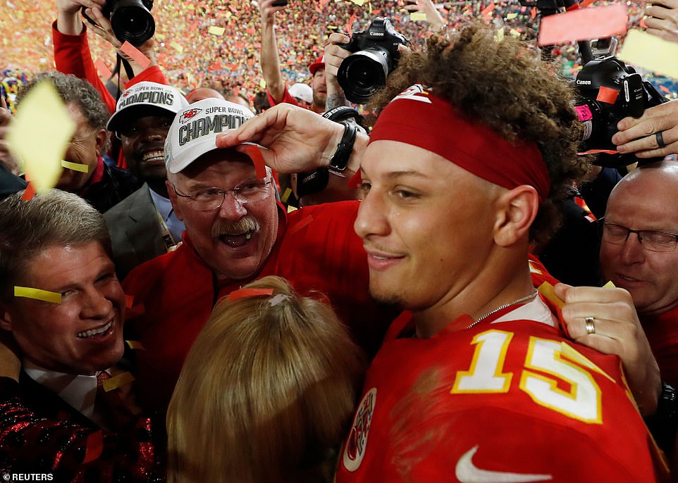 Kansas City Chiefs' Patrick Mahomes and head coach Andy Reid celebrate after the game