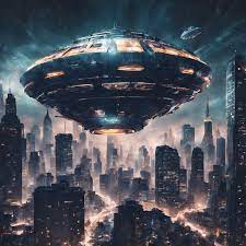 Alien giant space mothership in the middle of the night sky with foggy clouds and being surrounded by hundreds of tiny space ships flying above new york" <!-- -->- Playground