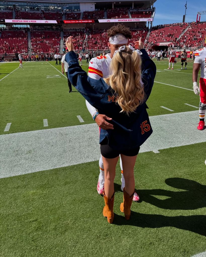 Brittany and Patrick Mahomes hugging at the Kansas City Chiefs game on Oct. 20. 