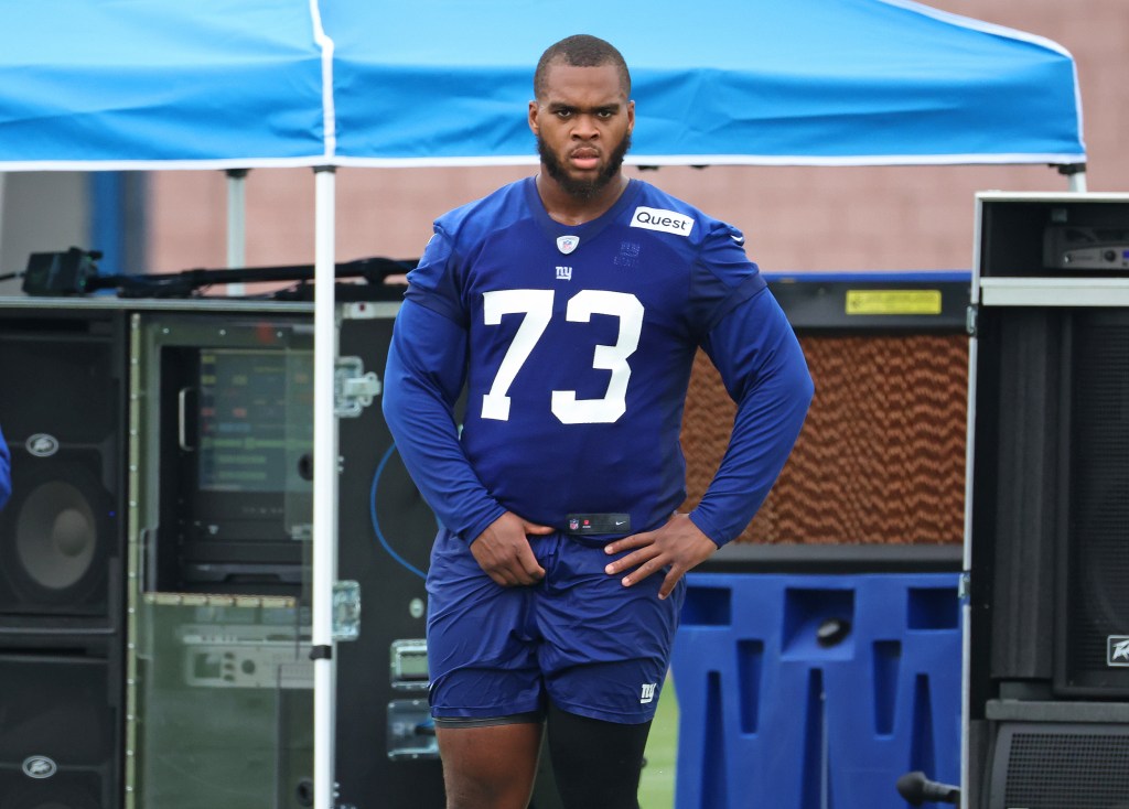 Evan Neal, New York Giants offensive tackle, number 73, practicing at the Giants Training Camp in East Rutherford, NJ