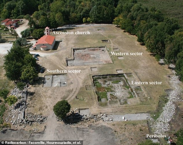 Above, an elevated panorama of Aristotelian University of Thessaloniki's modern excavations at the dig site. The Dispilio Tablet was found northwest of the 'Eastern sector' in marsh mud