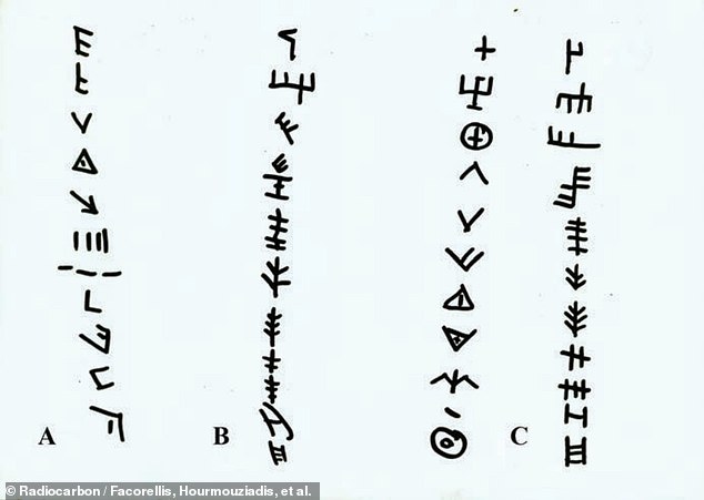 In Column A, above, are examples of the carved, possible 'symbols' detected on the wooden tablet and other clay finds from Dispilio; Column B shows samples of an ancient Minoan script called 'Linear A' and in Column C samples of Vinca culture engravings found in the Balkans