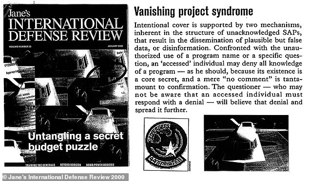 Above, an excerpt from the January 2000 issue of national security magazine Jane's International Defense Review, in which reporter Bill Sweetman first made public the existence of 'Unacknowledged Special Access Programs' - which officials are told to lie to protect