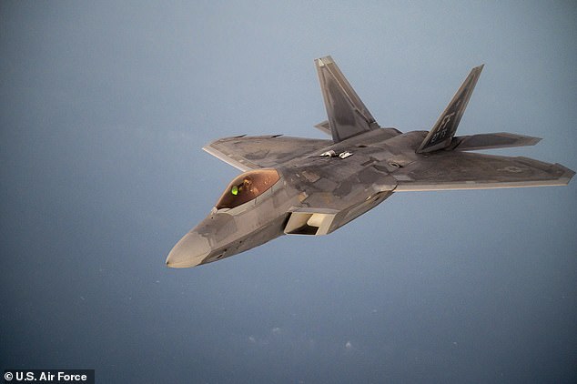 The bizarre craft above Langley - which is home to at least half the Air Force's fleet of stealth F-22 Raptor fighter jets - lead to two weeks of emergency White House meetings. Above, a USAF F-22 Raptor soaring above the United Arab Emirates on March 16, 2022