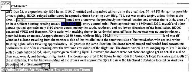 Above, a military witness testifies to the drones displaying 'flashing red, green, and white lights.' This testimony was released via the US Freedom of Information Act (FOIA), along with 50 pages of Air Force records on the December wave of 'drone swarms' over Langley