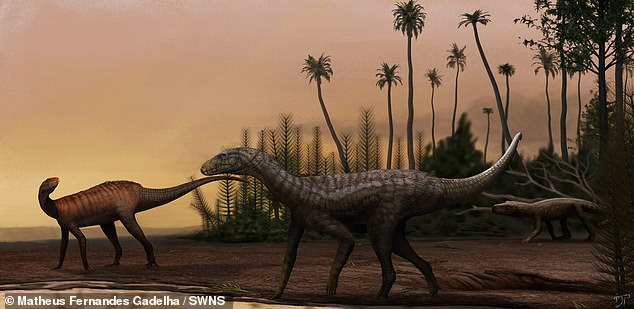 Gondwanax paraisensis in a Triᴀssic Landscape, million years ago, in southern Brazil (painting)