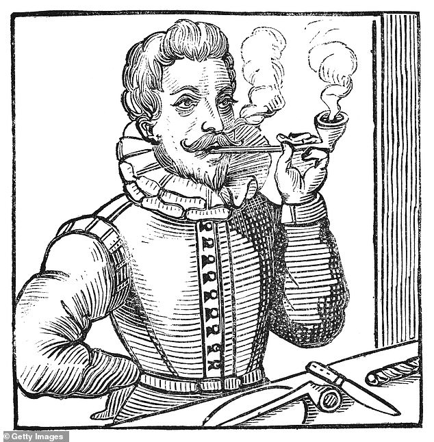 A common date given for the arrival of tobacco in England is July 27, 1586, when it is said Sir Walter Raleigh brought it to England from Virginia. Pictured, a portrait of Sir Walter Raleigh smoking (circa 16th century)