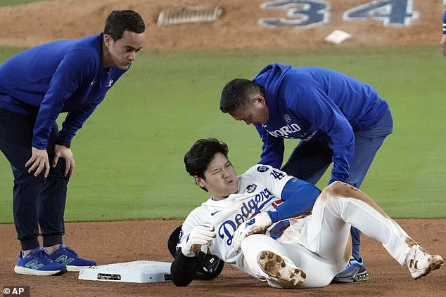 The Japanese player was slow to get to his feet after he attempted to steal second base