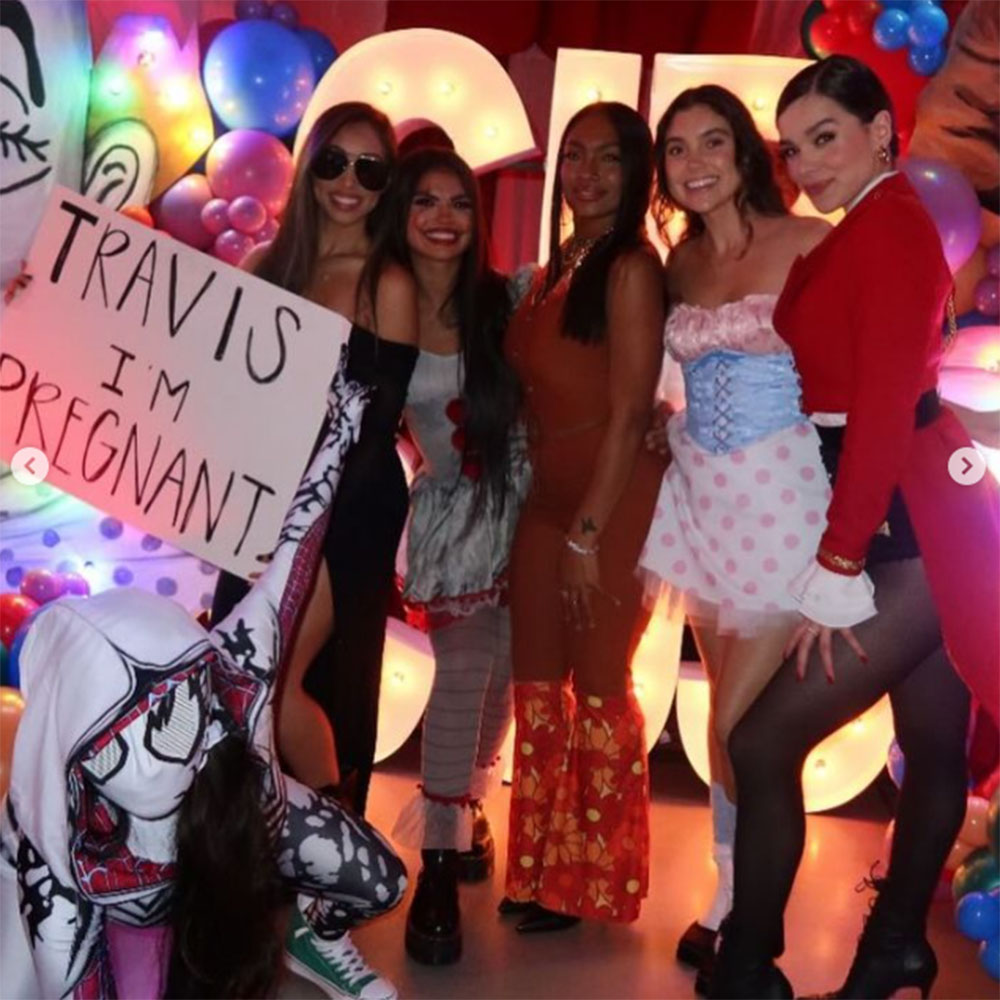 Paige Buechele (far left), Hillary Trubisky and Hailee Steinfeld (both far right) at the Bills' 2024 Halloween party. 