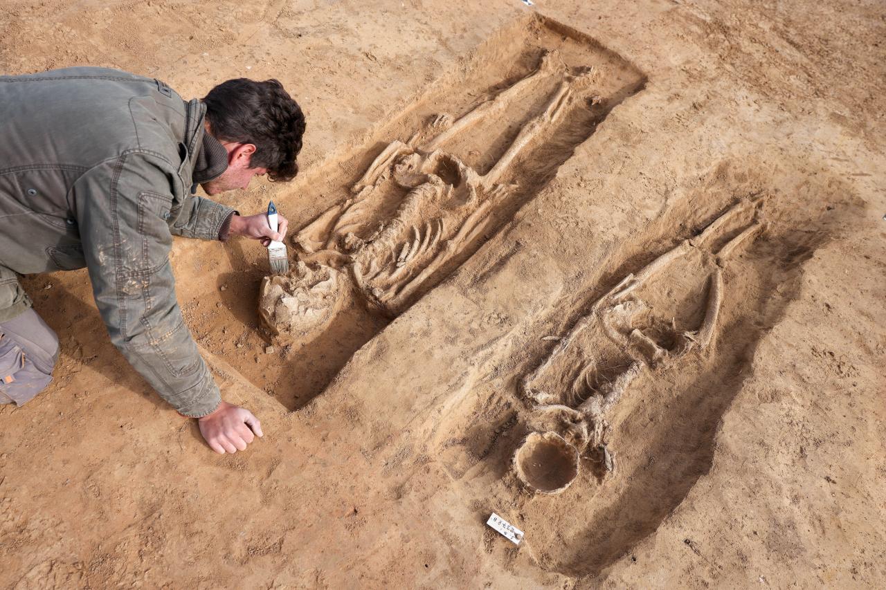 An excavation participant uncovers a tomb from the Carolingian period on the grounds of the Royal Palatinate of Helfta.