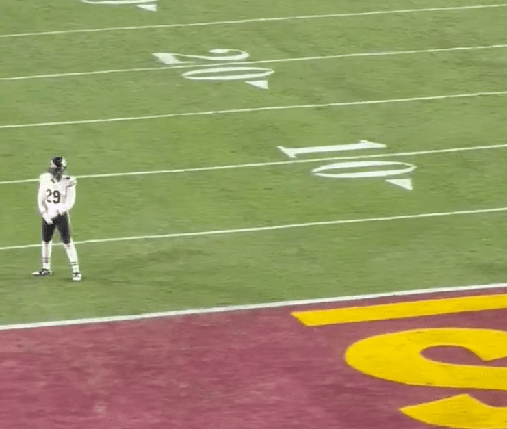 Tyrique Stevenson taunts fans during the Bears' loss to the Commanders on Oct. 27, 2024. 