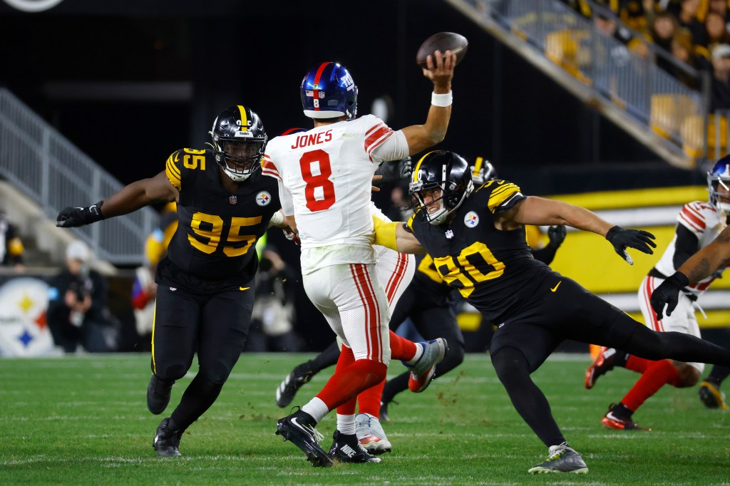 T.J. Watt pressures Daniel Jones during the second quarter of the Giants' Week 8 loss to the Steelers.