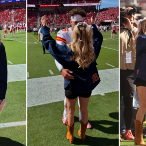 Pregnant Brittany Mahomes kisses Patrick while celebrating Chiefs win over 49ers